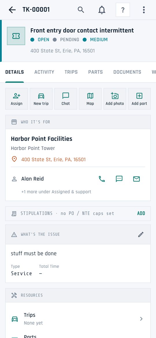 Tech Ops on a phone: a ticket's details, laid out as who it's for, what the issue is, and the resources on hand.