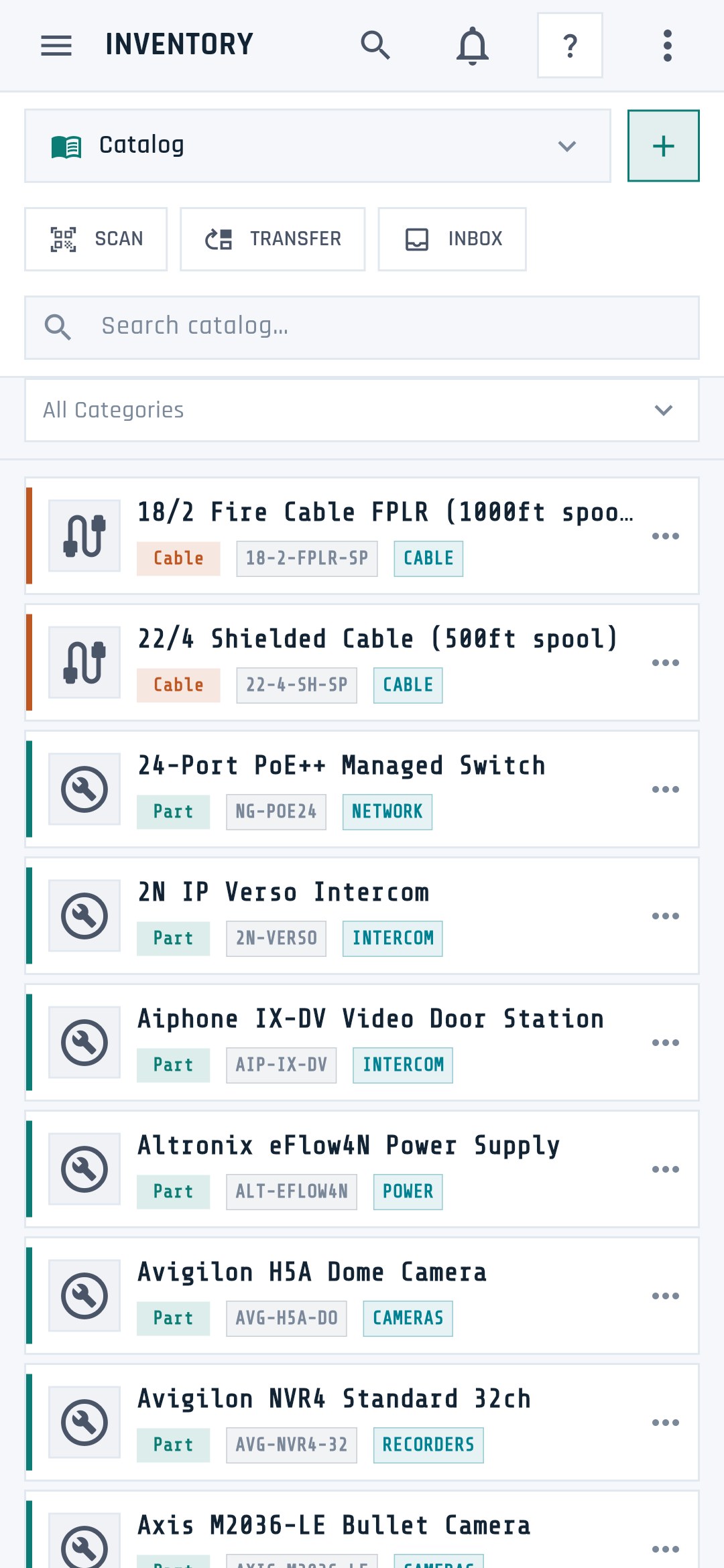 Tech Ops part catalog on Android listing security products with SKUs