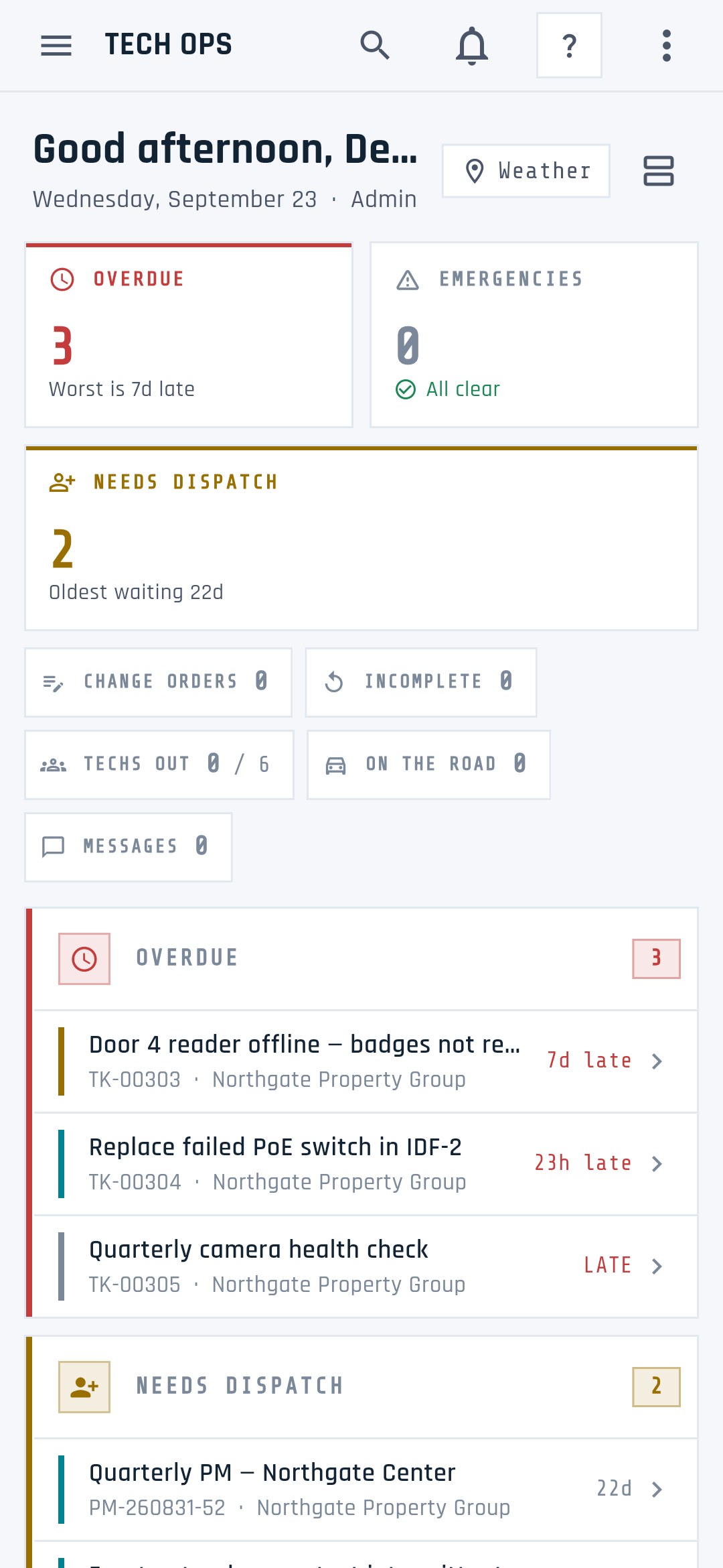 Tech Ops My Day dashboard on Android with weather, alerts, and summary cards