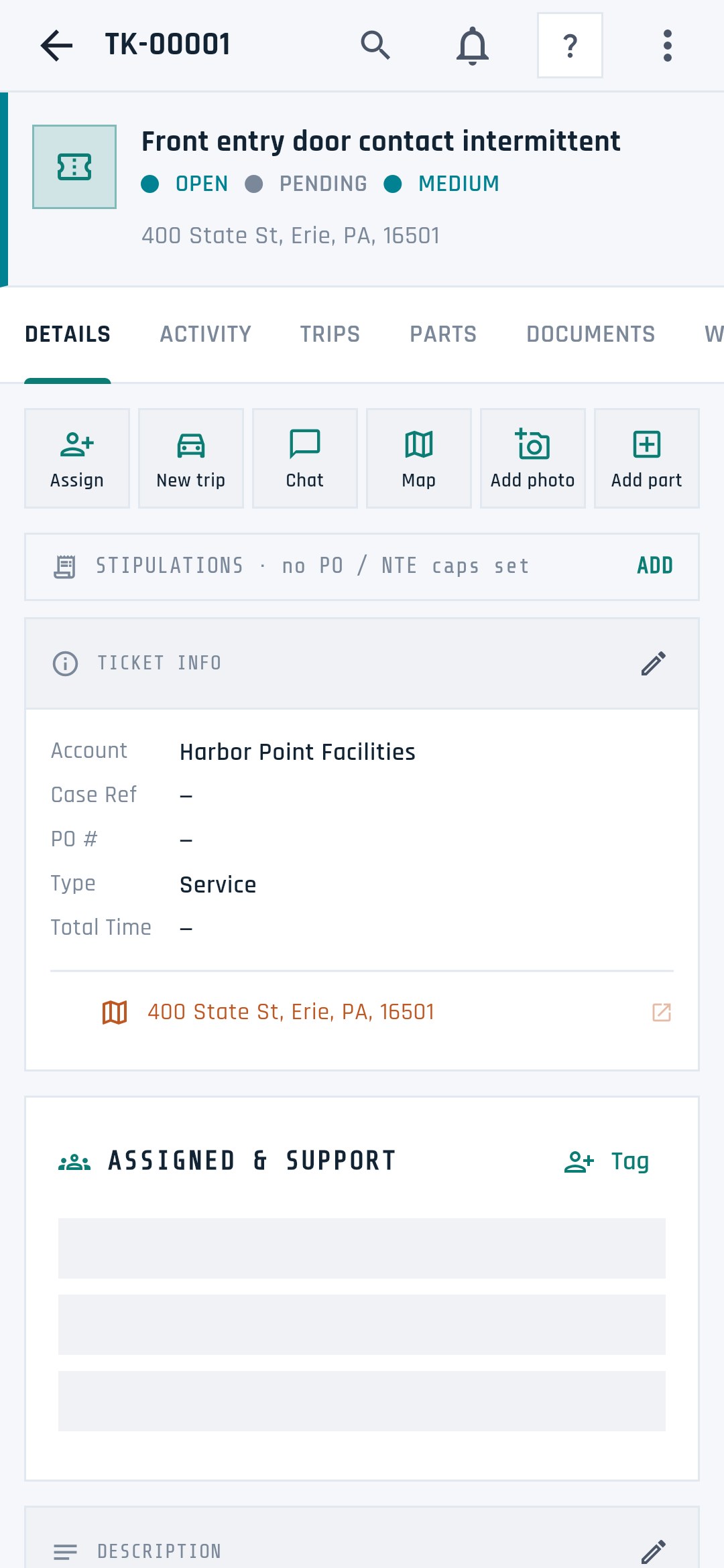 A Tech Ops work ticket open on Android showing details, parts, and activity