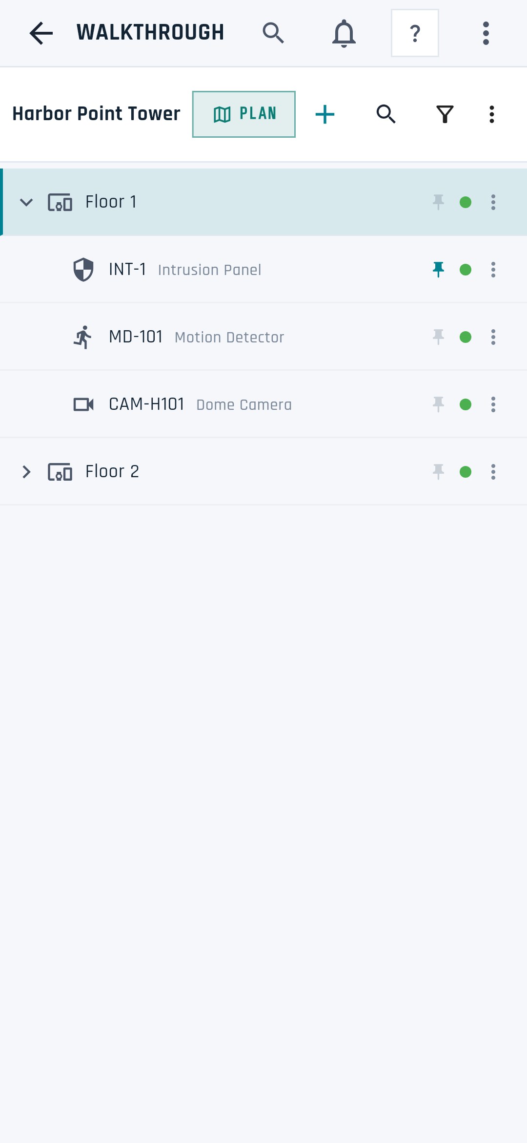 Tech Ops walkthrough on Android listing the devices on each floor of a building